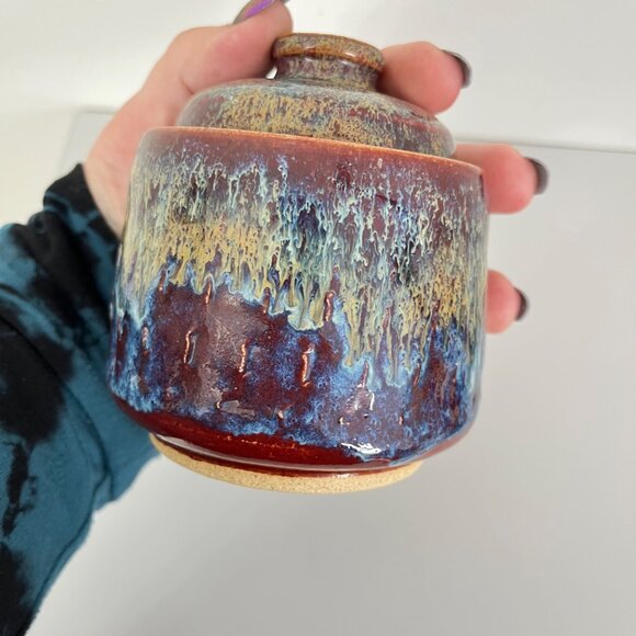 Handcrafted Drip Ash Glaze Pottery Mini Croc with lid - Picture 4 of 5